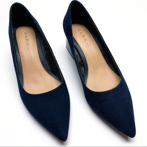 Zara TRF Pointy Toe Blue Suede Block Heel Size 8
